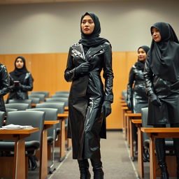 A university professor in a lecture hall, dressed in a shiny black latex coat that is tight-fitting, complemented by glossy black latex gloves and high-heeled leather boots