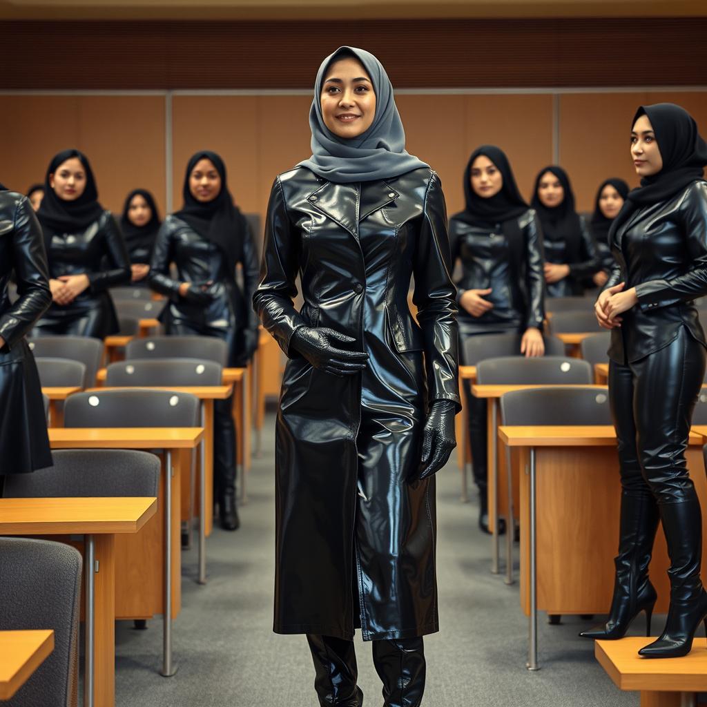 A university professor in a lecture hall, dressed in a shiny black latex coat that is tight-fitting, complemented by glossy black latex gloves and high-heeled leather boots