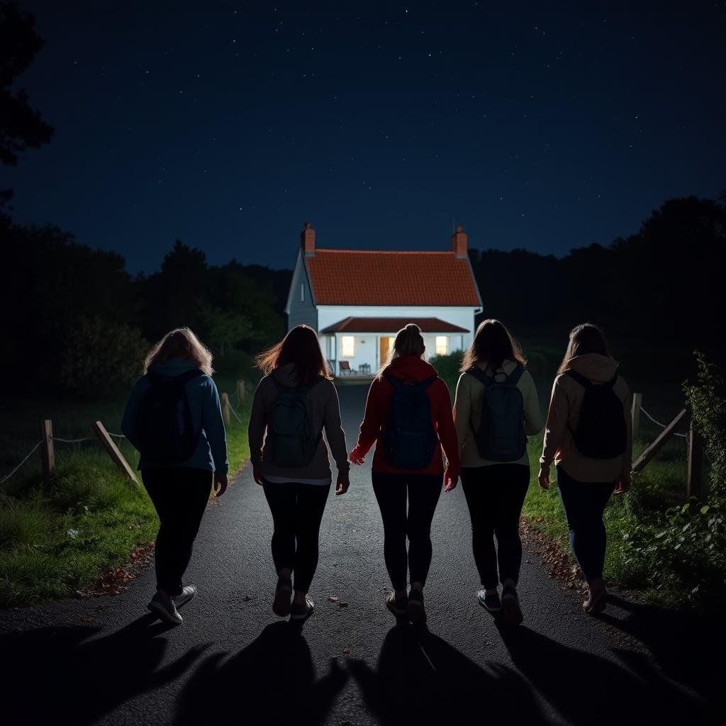 Six senderistas (one man and five women) walking at night, their backs to the viewer, along a dimly lit pathway