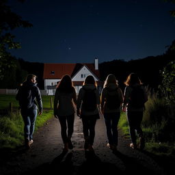 Six senderistas (one man and five women) walking at night, their backs to the viewer, along a dimly lit pathway