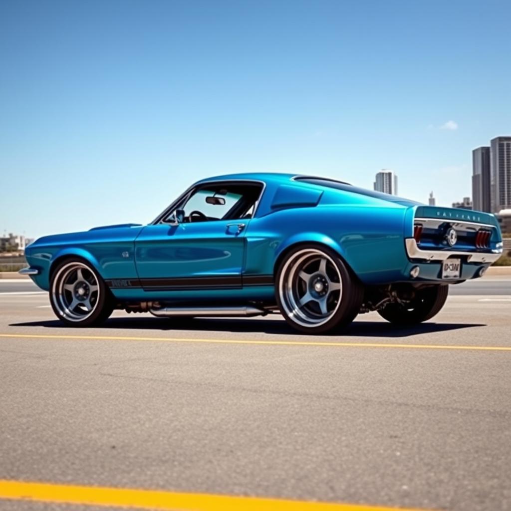 A modified 1967 Ford Mustang transformed into a fluidic low rider car, showcasing a sleek and modern design