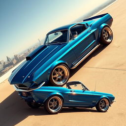 A modified 1967 Ford Mustang transformed into a fluidic low rider car, showcasing a sleek and modern design