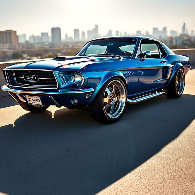 A modified 1967 Ford Mustang transformed into a fluidic low rider car, showcasing a sleek and modern design