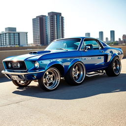 A modified 1967 Ford Mustang transformed into a fluidic low rider car, showcasing a sleek and modern design