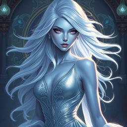 In a high-fantasy DnD character art style, a striking female figure named Lucira with sleek light blue skin and ethereal white hair that appears to float gently around her