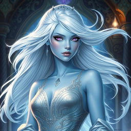 In a high-fantasy DnD character art style, a striking female figure named Lucira with sleek light blue skin and ethereal white hair that appears to float gently around her