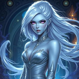 In a high-fantasy DnD character art style, a striking female figure named Lucira with sleek light blue skin and ethereal white hair that appears to float gently around her