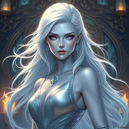 In a high-fantasy DnD character art style, a striking female figure named Lucira with sleek light blue skin and ethereal white hair that appears to float gently around her