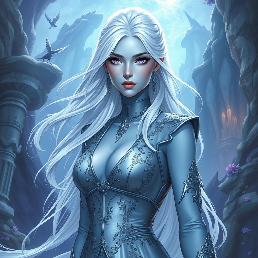 In a high-fantasy DnD character art style, a striking female figure named Lucira boasts sleek light blue skin and ethereal white hair that floats gently around her