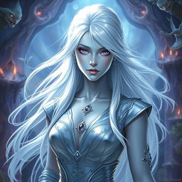 In a high-fantasy DnD character art style, a striking female figure named Lucira boasts sleek light blue skin and ethereal white hair that floats gently around her