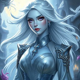 In a high-fantasy DnD character art style, a striking female figure named Lucira boasts sleek light blue skin and ethereal white hair that floats gently around her