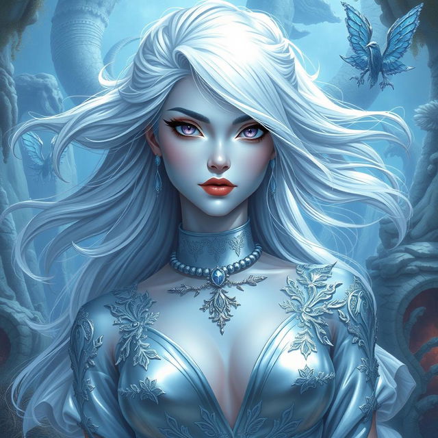 In a high-fantasy DnD character art style, a striking female figure named Lucira boasts sleek light blue skin and ethereal white hair that floats gently around her