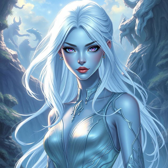 In a high-fantasy DnD character art style, Lucira is a striking figure with sleek light blue skin and ethereal white hair that floats faintly around her