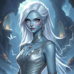 In a high-fantasy DnD character art style, Lucira is a striking figure with sleek light blue skin and ethereal white hair that floats faintly around her