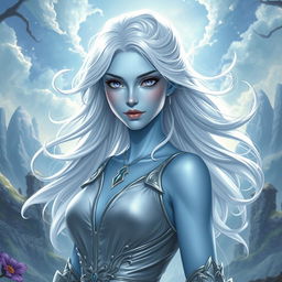In a high-fantasy DnD character art style, Lucira is a striking figure with sleek light blue skin and ethereal white hair that floats faintly around her