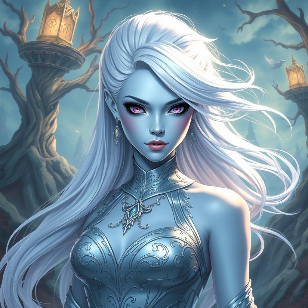 In a high-fantasy DnD character art style, Lucira is a striking figure with sleek light blue skin and ethereal white hair that floats faintly around her