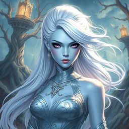 In a high-fantasy DnD character art style, Lucira is a striking figure with sleek light blue skin and ethereal white hair that floats faintly around her