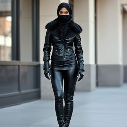 A full-body image of a woman dressed in a very tight black leather jacket with a fur collar, wearing smooth, small leather gloves on her delicate hands