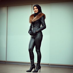A full-body image of a woman dressed in a very tight black leather jacket with a fur collar, wearing smooth, small leather gloves on her delicate hands
