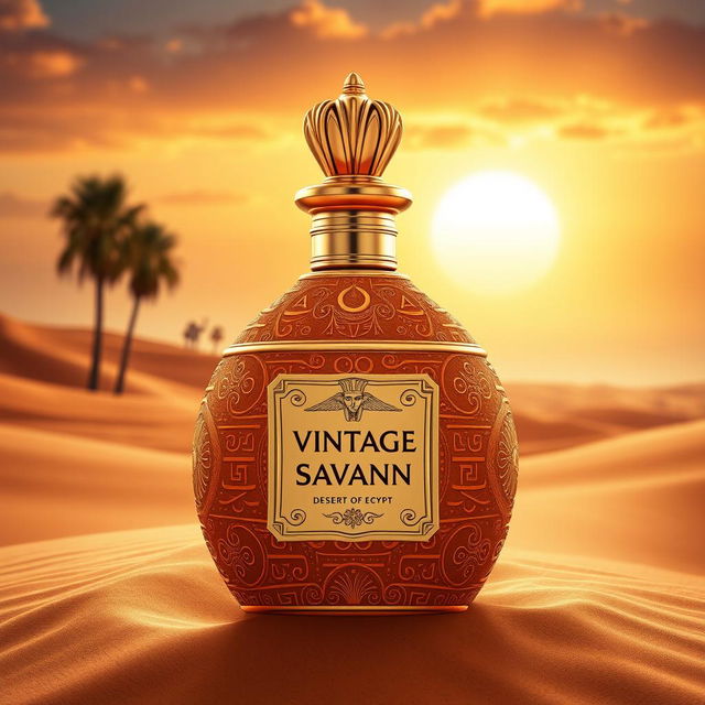 An exquisite perfume bottle named "Vintage Savannah", designed to evoke the essence of the deserts of Egypt