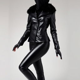 A full-bodied image of a woman wearing a tight, shiny black leather jacket with a fur collar