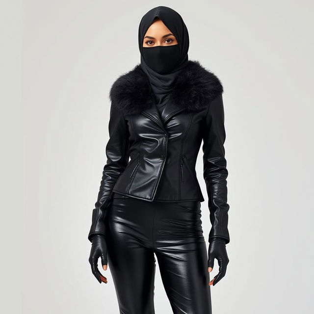 A full-bodied image of a woman wearing a tight, shiny black leather jacket with a fur collar