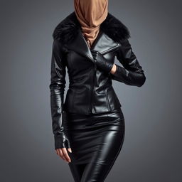 A full-bodied image of a woman wearing a tight, shiny black leather jacket with a fur collar