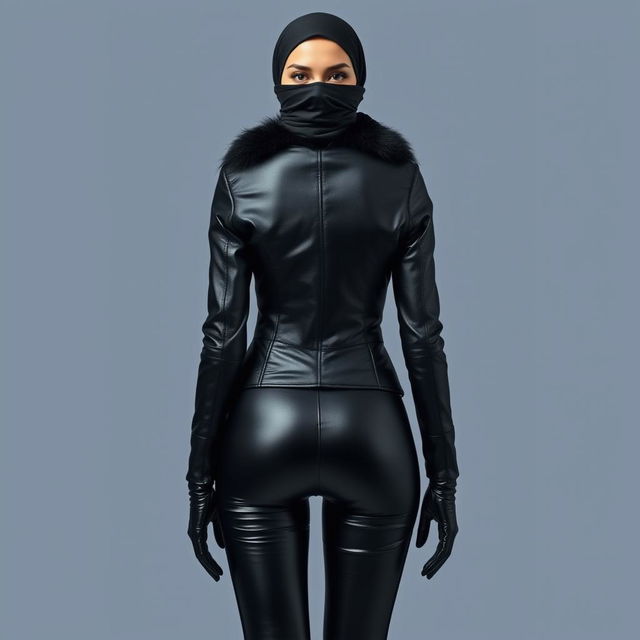 A full-body image of a woman from head to toe, wearing a tight and shiny black leather jacket with a fur collar