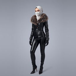 A full-body image of a woman from head to toe, wearing a tight and shiny black leather jacket with a fur collar