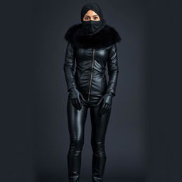 A full-body image of a woman from head to toe, wearing a tight and shiny black leather jacket with a fur collar