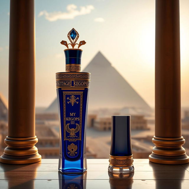 A stunning perfume bottle named "Vintage Keops I", designed to embody the grandeur of the Pharaohs of Egypt