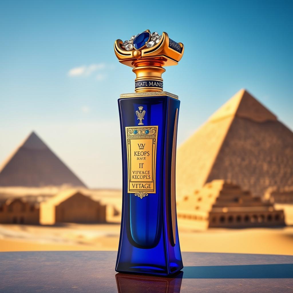 A stunning perfume bottle named "Vintage Keops I", designed to embody the grandeur of the Pharaohs of Egypt