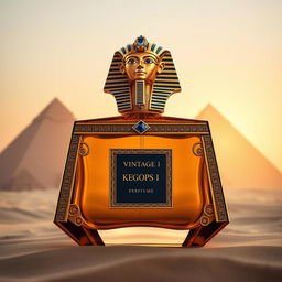 An opulent perfume bottle named "Vintage Keops I", designed to evoke the majestic aura of the Pharaohs of Egypt