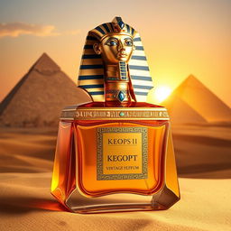 An opulent perfume bottle named "Vintage Keops I", designed to evoke the majestic aura of the Pharaohs of Egypt