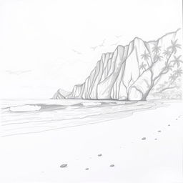 A detailed pencil sketch of Nihiwatu Beach, capturing the natural beauty of the landscape