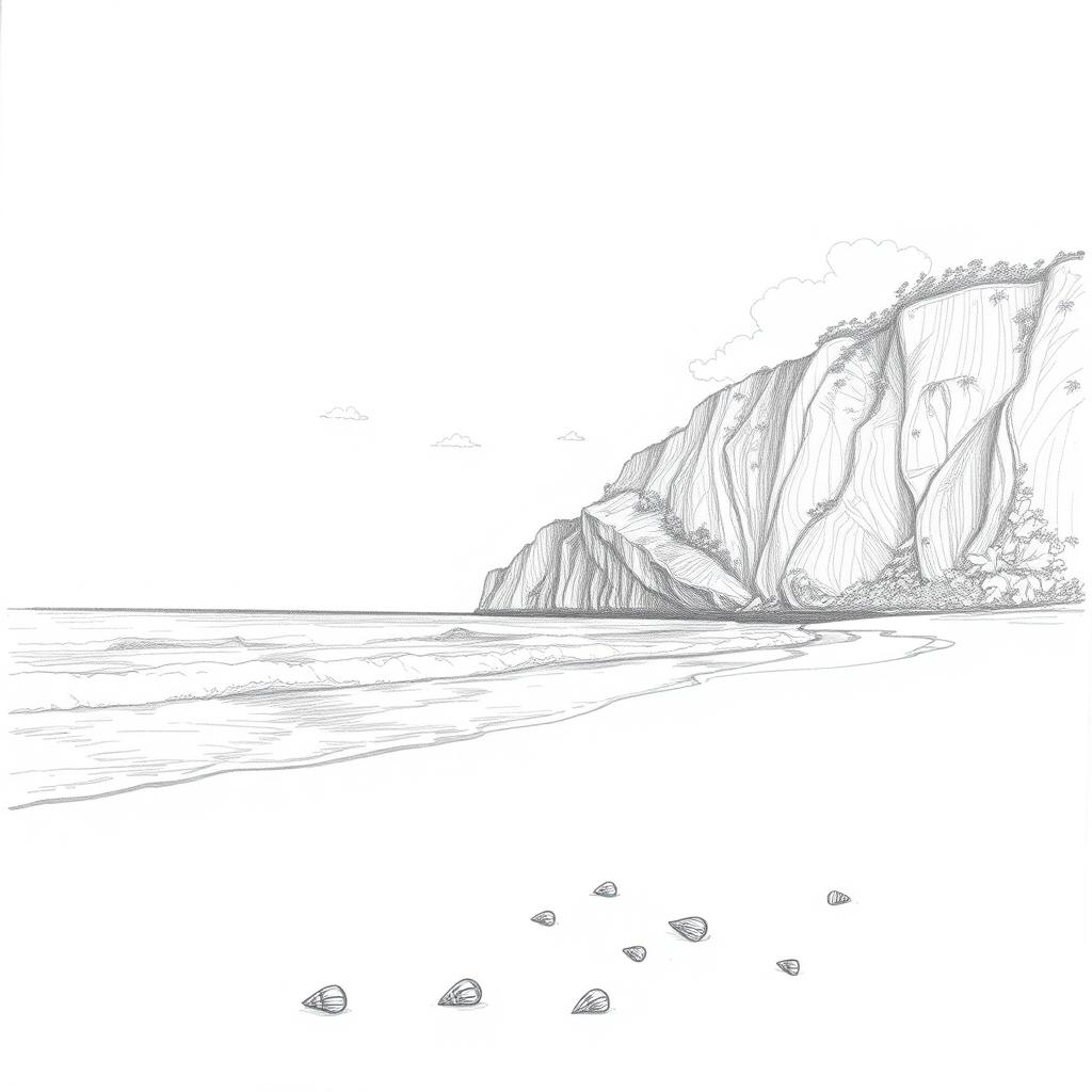 A detailed pencil sketch of Nihiwatu Beach, capturing the natural beauty of the landscape