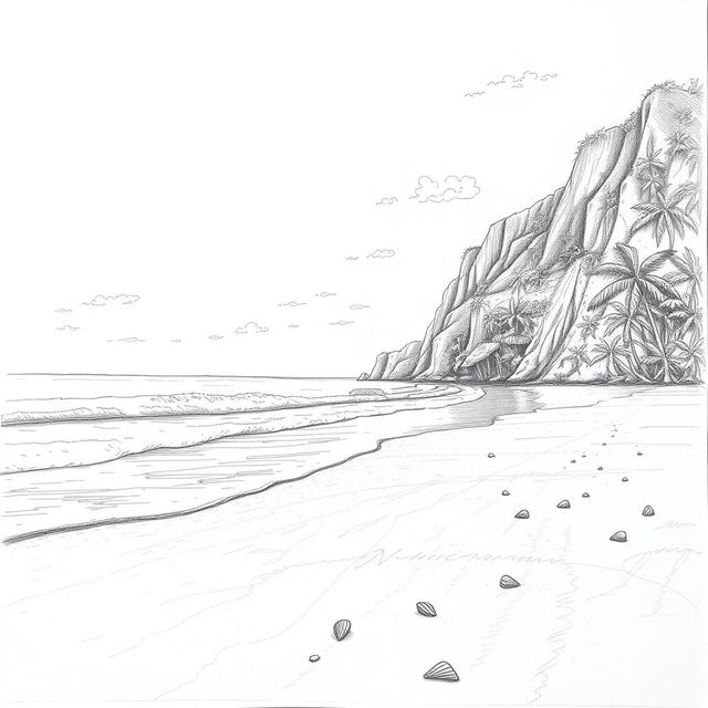 A detailed pencil sketch of Nihiwatu Beach, capturing the natural beauty of the landscape