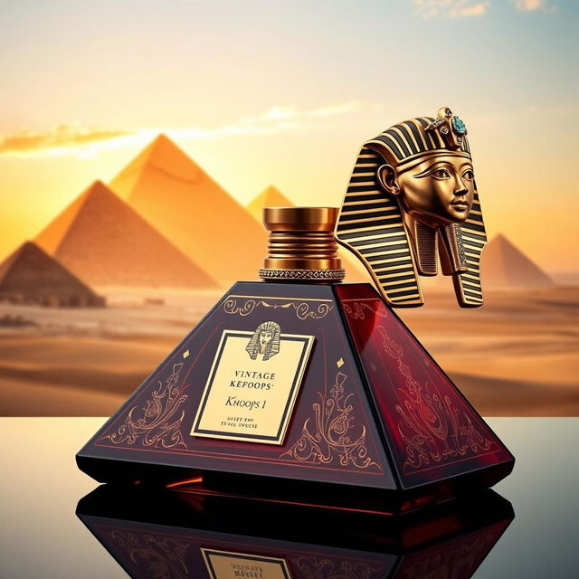 A luxurious perfume bottle named "Vintage Keops I", designed to capture the regal essence of the Pharaohs of Egypt