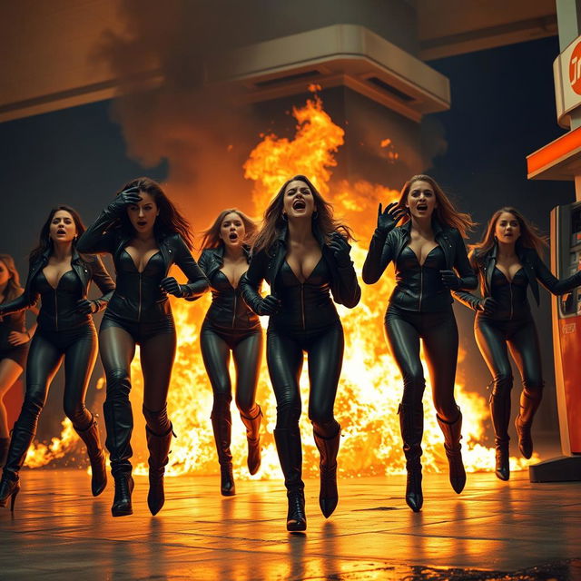 A gas station engulfed in flames with beautiful women working, wearing tight, shiny black leather outfits, leather gloves, leather jackets, and high-heeled boots