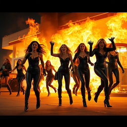 A gas station engulfed in flames with beautiful women working, wearing tight, shiny black leather outfits, leather gloves, leather jackets, and high-heeled boots