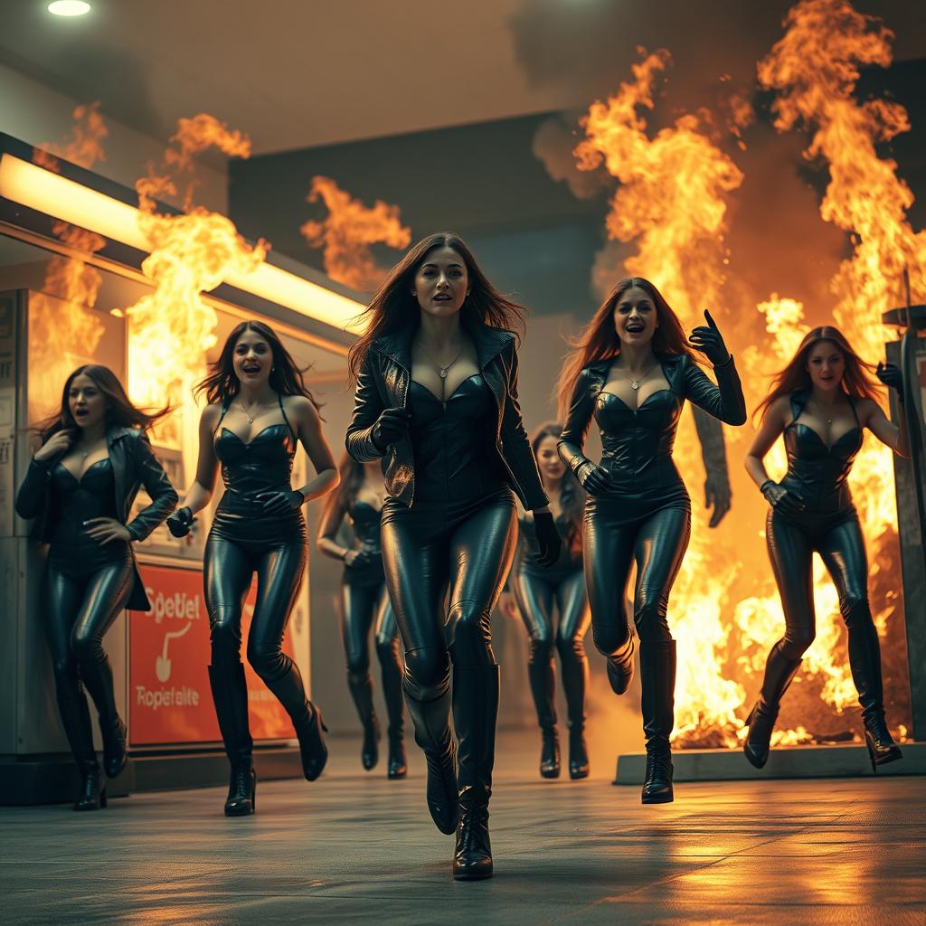 A gas station engulfed in flames with beautiful women working, wearing tight, shiny black leather outfits, leather gloves, leather jackets, and high-heeled boots