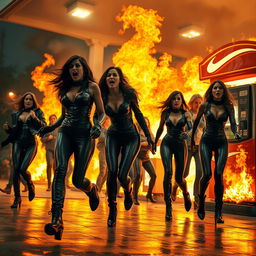 A gas station engulfed in flames with beautiful women working, wearing tight, shiny black leather outfits, leather gloves, leather jackets, and high-heeled boots