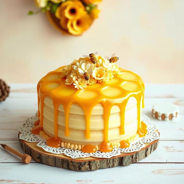 A beautifully decorated honey-shaped cake, designed to resemble a honeycomb with rich golden hues