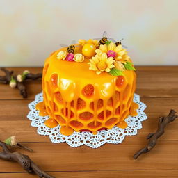 A beautifully decorated honey-shaped cake, designed to resemble a honeycomb with rich golden hues