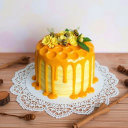A beautifully decorated honey-shaped cake, designed to resemble a honeycomb with rich golden hues