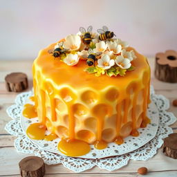 A beautifully decorated honey-shaped cake, designed to resemble a honeycomb with rich golden hues