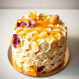 A beautifully crafted cake shaped like a honeycomb, with intricate designs of hexagonal cells, topped with golden honey drizzles