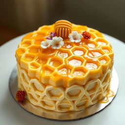 A beautifully crafted cake shaped like a honeycomb, with intricate designs of hexagonal cells, topped with golden honey drizzles