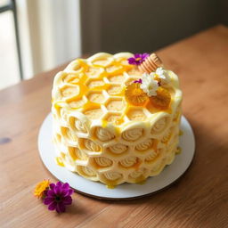 A beautifully crafted cake shaped like a honeycomb, with intricate designs of hexagonal cells, topped with golden honey drizzles