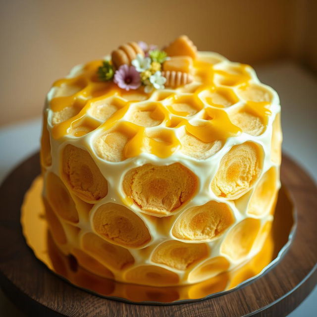 A beautifully crafted cake shaped like a honeycomb, with intricate designs of hexagonal cells, topped with golden honey drizzles